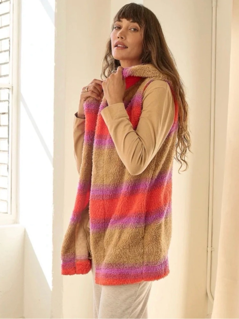 Koolaburra by Ugg Striped Retro Sherpa Hooded Vest Tan XL